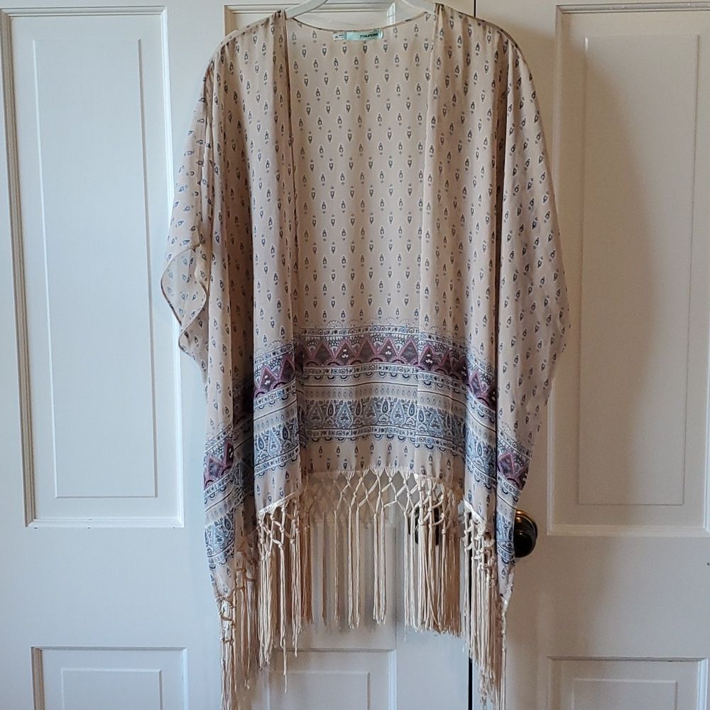 MAURICES WOMEN'S OPEN FRONT BOHO KIMONO FRINGE TAN BLUE SIZE L/XL EXTRA LARGE